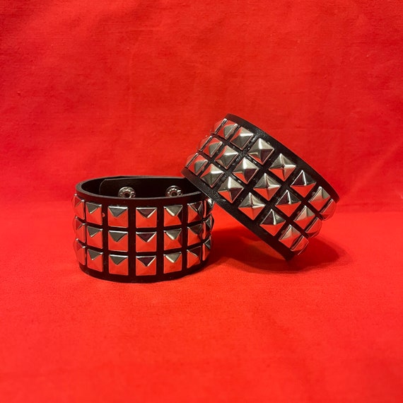 3 Row Silver Pyramid Spike Emo Goth Alt Wristband Snap Button