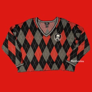 Skull Crest Argyle  Dark Academia V-Neck Sweater Plus Size 0