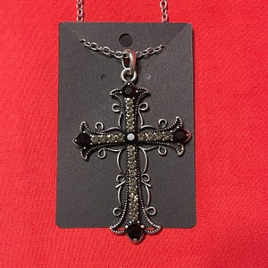Large Jeweled Cross Pendant Goth Jewelry Long Chain Necklace