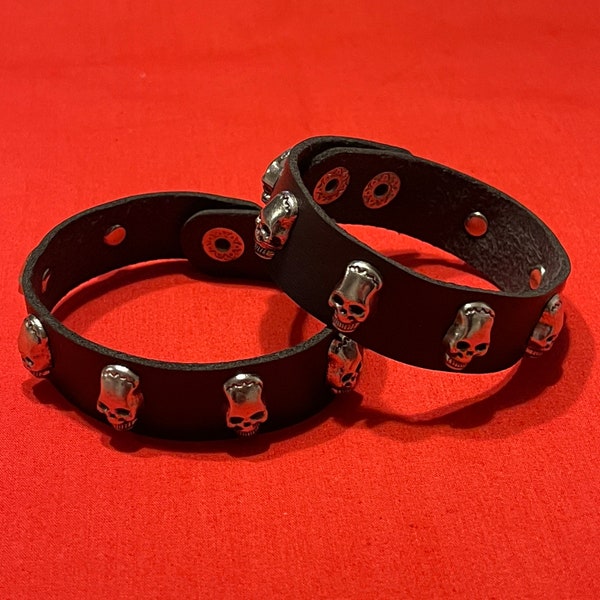 Skull Metal Studded Faux Leather Goth Snap Bracelet Cuff