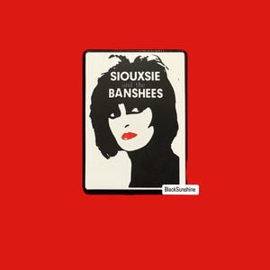 May include: Black and white image of Siouxsie and the Banshees. The image is on a white background with black text and a black and white image of a woman with short black hair and red lips.