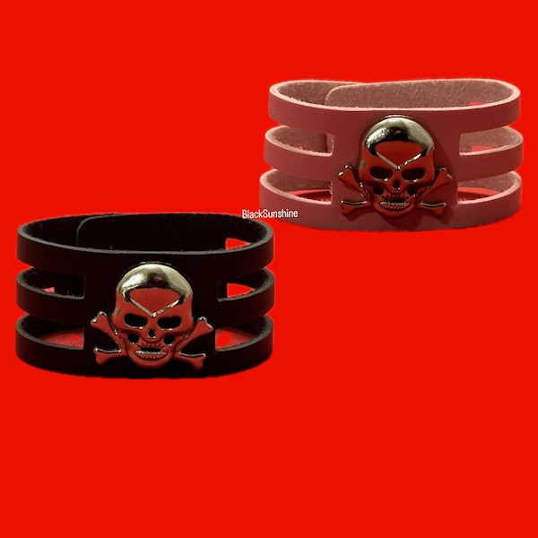 Skull Crossbones Faux Leather Emo Goth Snap Bracelet Cuff