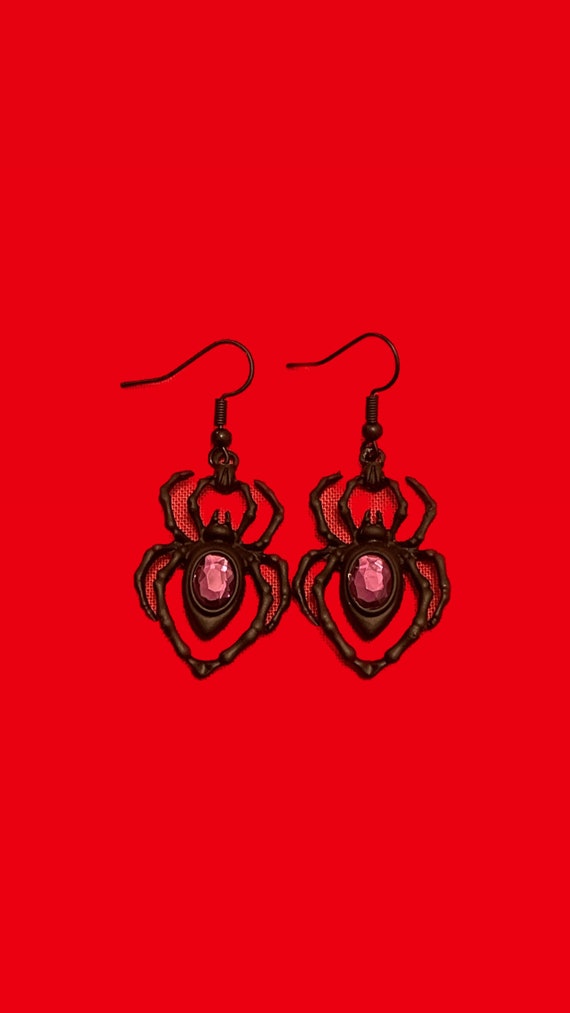 Gothic Black Widow Spider Purple Gem Dangle Earri… - image 1