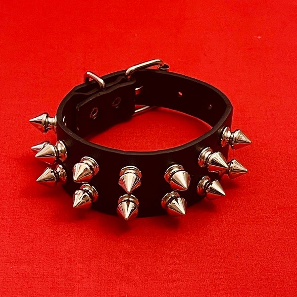 Spiked 2 Row Buckle Vegan Leather Wrist Cuff Bracelet