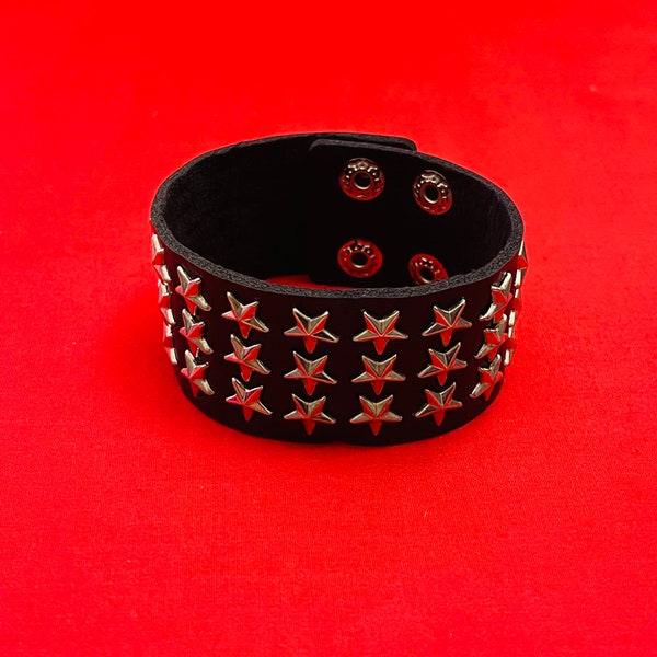 3 Row Star Stud Emo Goth Alt Faux Leather Cuff Wristband Bracelet