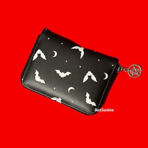 Cartera con cremallera de murciélagos celestiales, pentagrama, bruja gótica, negra y rosa