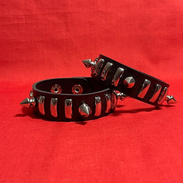 Mixed Oval Stud & Spike 1 Row Goth Alt Faux Leather Cuff Bracelet