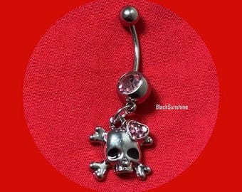 Pink Heart Skull Belly Ring Emo Goth Navel Piercing Body Jewelry