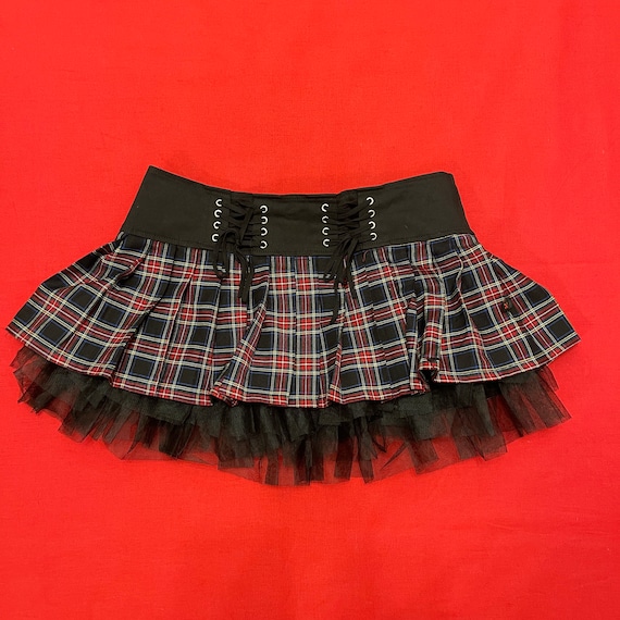 Royal Bones by Tripp NYC Plaid Lace up Red Black Tulle Mini Skirt L 