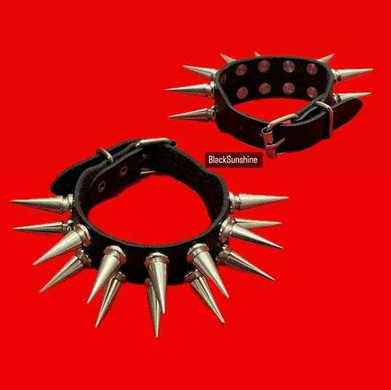 Long Spike 2 Row Buckle Vegan Leather Wrist Cuff … - image 3