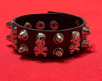Spiked Skull Emo Goth Alt Faux Leather Wristband Cuff Bracelet