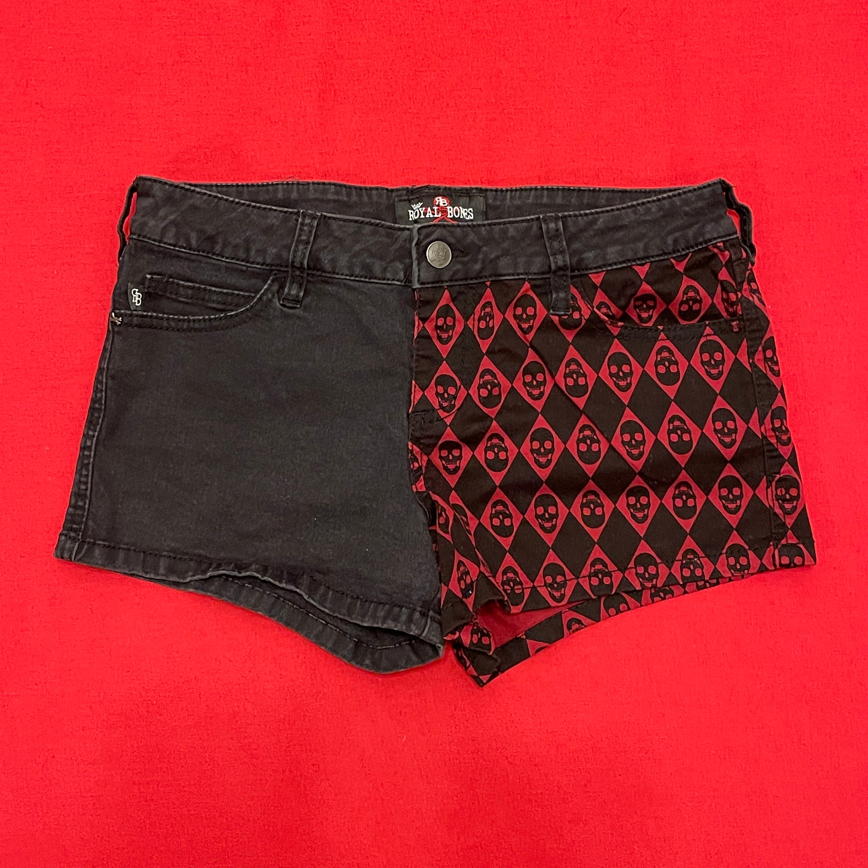 Royal Bones by Tripp NYC Split Red Skull Checker Black Denim Emo