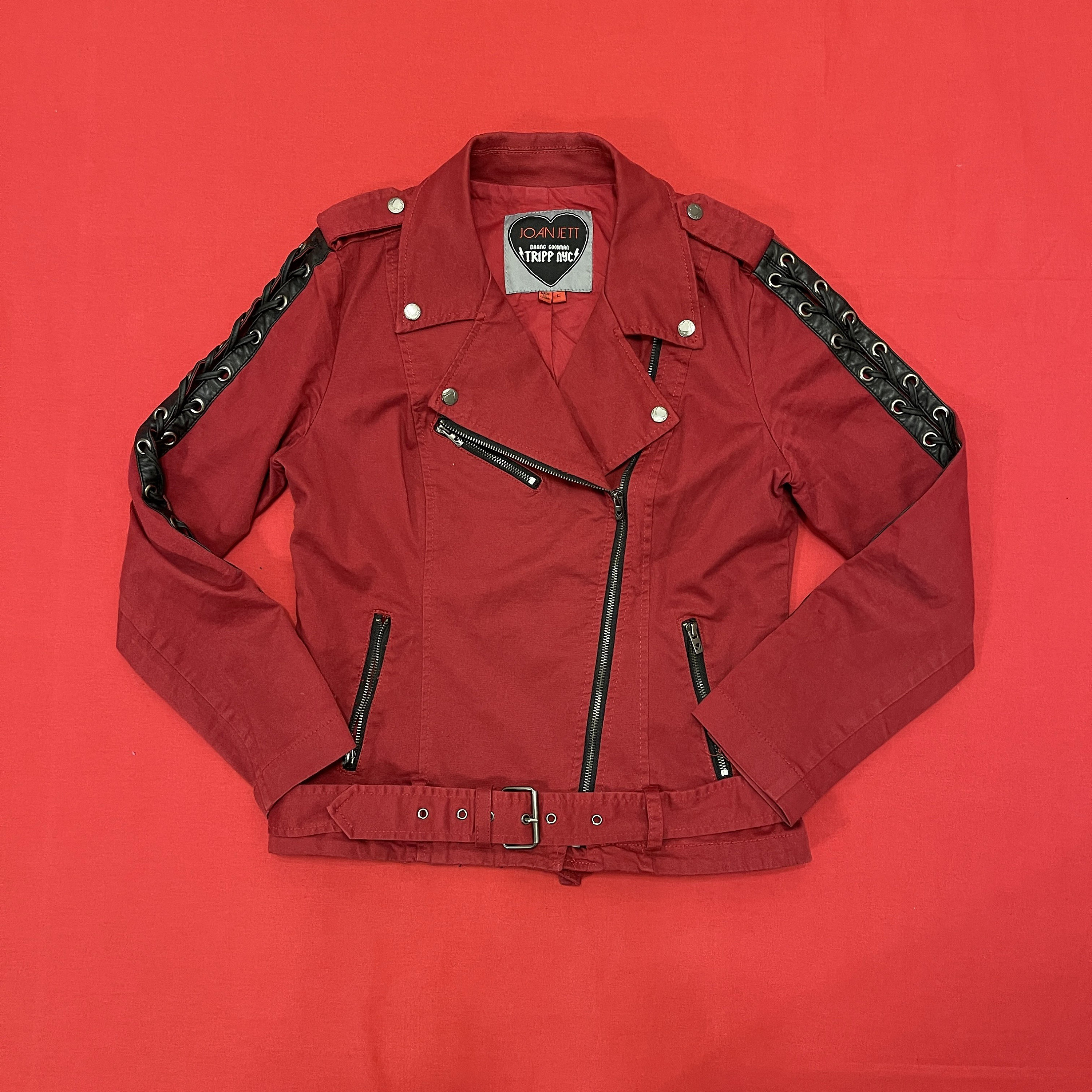 Tripp NYC X Joan Jett Red Twill Belted Moto Jacket With Lace-up
