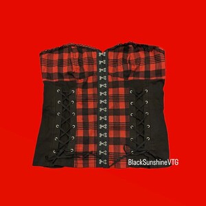 Royal Bones By Tripp Red and Black Plaid Hook and Eye Corset Top XL