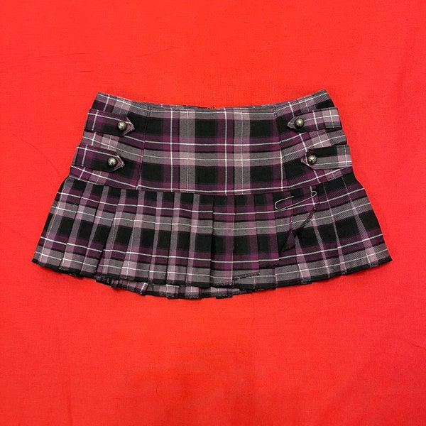 Y2k Super Low Fat Purple Black Plaid Pleated Mini Skirt M