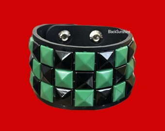 3 Row Dark Green Black Checker Pyramid Spike Emo Goth Alt