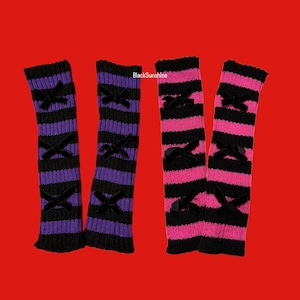 Bows and Stripes Thumbhole  Emo Goth Arm Warmer Gloves Pink Black Purple