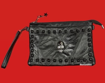 Black Studded Skull Faux Leather Patchwork Goth Purse Pouch