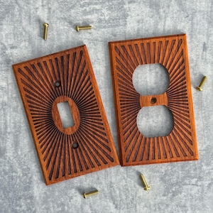 Wood Light Switch Cover, SunBurst Engraved Switch Plate Cover, Tigerwood, Vintage light switch cover
