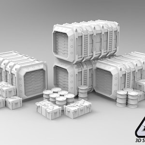 3D Printed Terrain: Cargo containers, crates and drums for 40k or 28 mm tabletop