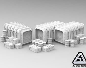 3D Printed Terrain: Cargo containers, crates and drums for 40k or 28 mm tabletop