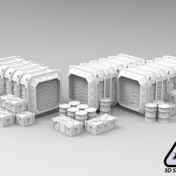 3D Printed Terrain: Cargo containers, crates and drums for 40k or 28 mm tabletop