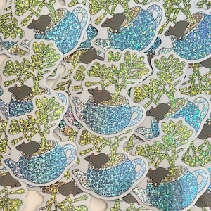 Glitter Rat in Teapot Vinyl Sticker – Plant Lover Art – Cute Durable Rat Sticker