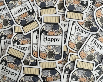 Happy Pills Cat Sticker: 3" Waterproof Vinyl Animal Lover Decal