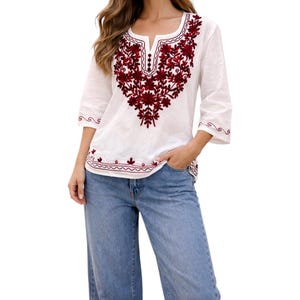 Hand-Embroidered Cotton Kurti, Tunic, Top, Cover up Long Sleeve, White