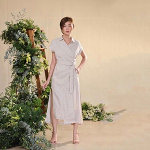 Wrap Linen Dress, Long wrap dress, Maxi Dresses, Natural dress, Evening Linen dress,Short Sleeve dress,Custom measurements, Bridesmaid Dress