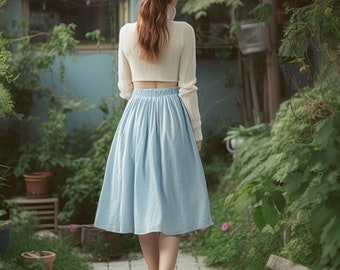 Linen Skirt, Skirt With Elastic Waist, Wide Skirts, Pure Linen, High Waist Skirt, Skirt With Pockets, Casual Skirt for Woman