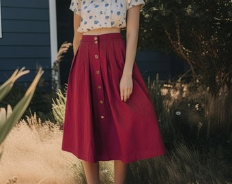 Linen Skirt, Midi Skirt With Buttons, Pure Linen, Skirt With Elastic Waist, Skirt With Pockets, High Waist Skirt, Casual Skirt for Woman