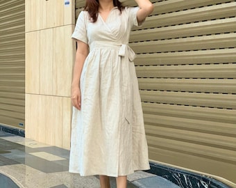 Wrap Natural Linen Dress, wrap dress, Summer Dress, wrap style for woman, pure linen, Bridesmaid dress, casual dress,custom measurements