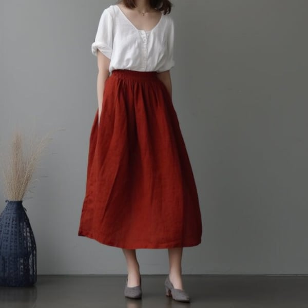 Linen Skirt, Wine Red Long Skirts, Pure Linen, High Waist Skirt, Skirt With Elastic Waist, Skirt With Pockets, Casual Skirt for Woman