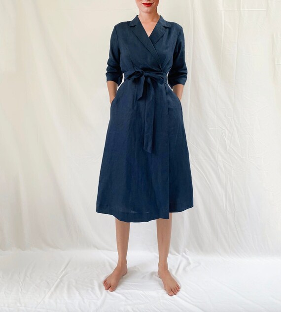 Wrap Linen Dress Collared Linen Dress Pure Linen Dress With Etsy