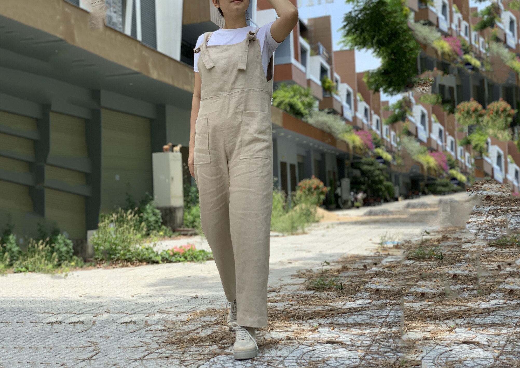 Ayelin Jumpsuit - Linen Look Relaxed 3/4 Sleeve Jumpsuit in Cream