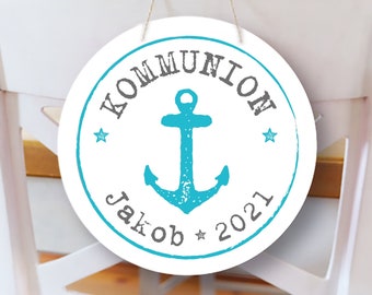 DEKOSCHILD Kommunion Kommunionsschild Konfirmation TAUFE Schild Boot Fisch Anker Kommunionsdeko Erstkommunion Papierschiff Deko Dekoration