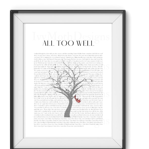 All Too Well Lyric Wall Art | Red Taylors Version Album |  All Too Well 10 Minute Version | All Too Well Tree with red scarf | book Cover