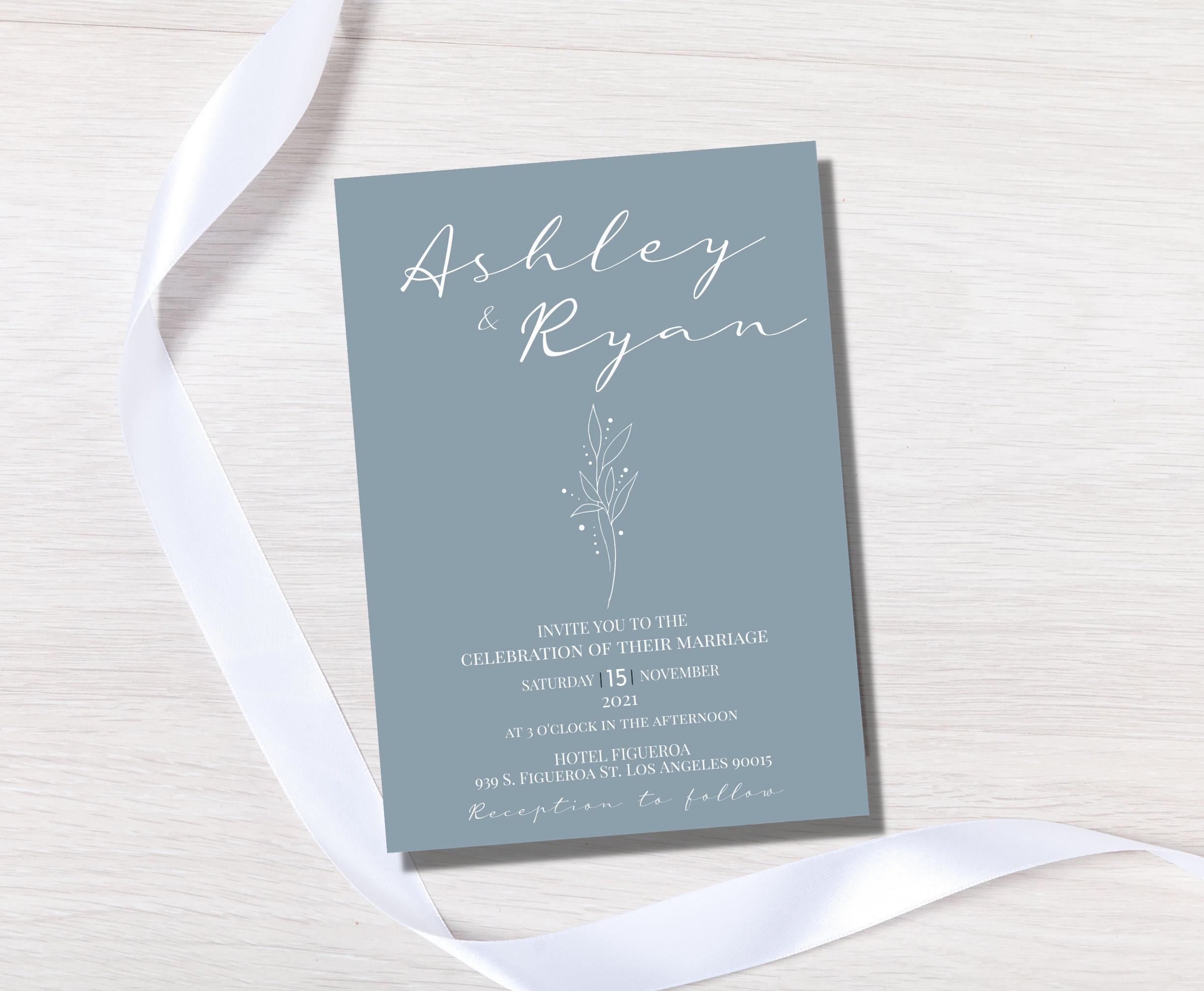 Minimalist Wedding Invitation Dusty Blue & White Flower | Etsy