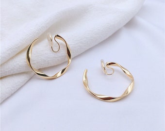 Twisted Gold Hoop Clip on Earrings with Coil Back  - Made with Alloy - Perfect for Adding Earrings to Your Look without Piercings!
