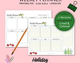 Planificador semanal de Navidad simple, Planificador imprimible, Estacionario imprimible, Inserciones de planificador, Plantilla de programación semanal, Carta 8.5 x 11