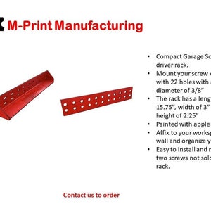 May include: Red metal screw driver rack with 22 holes. The rack is 15.75 inches long, 3 inches wide, and 2.25 inches high. It is painted red and can be mounted on a wall or workspace.