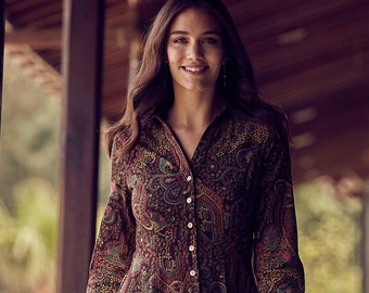 Long Sleeve Dress, Paisley Pattern, Shirt Neck, Button Closure, Midi Boho Dress
