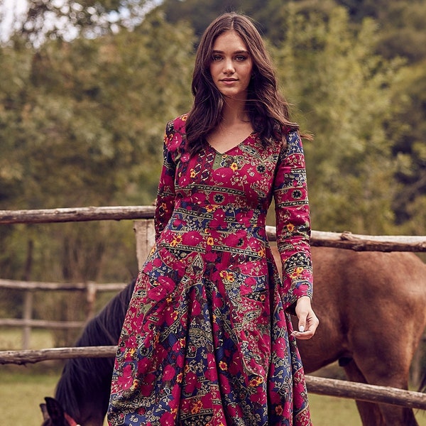 Langes, weiches Boho-Damenkleid, asymmetrisches Hippie-Chic-Kleid, langärmliges Boho-Kleid mit Taschen, V-Ausschnitt, florales Maxikleid, Weihnachtsgeschenke