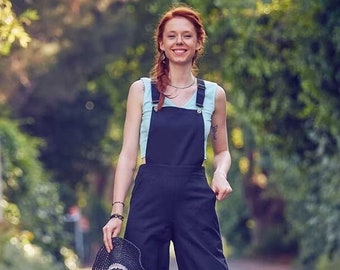 Black Overalls, Vintage Clothing, Retro Outfit 1980s Style Overalls, 90s Denim Jumpsuit, Palazzo Pants, Boho Dungarees, Floral Trousers