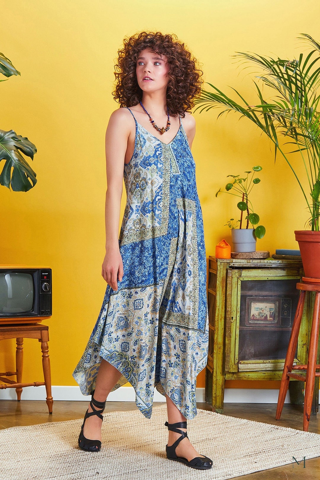 Summer Beach Dress Blue Boho Dress V Neck Sleeveless Dress Boho Hippie Clothing Etsy