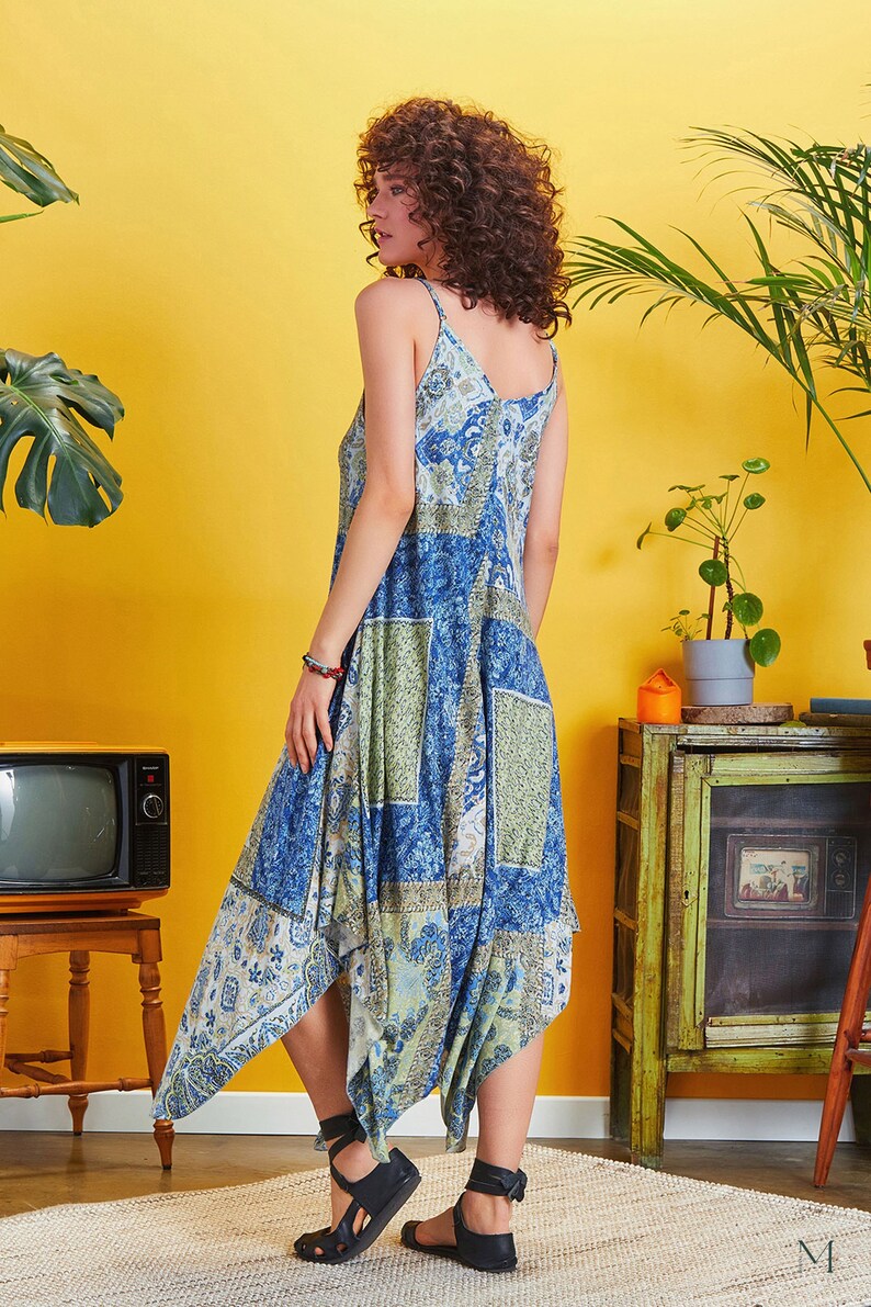 Summer Beach Dress Blue Boho Dress V Neck Sleeveless Dress Boho Hippie Clothing image 5