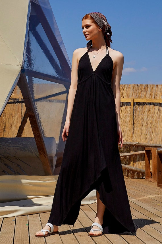 Black halter neck summer dress sales