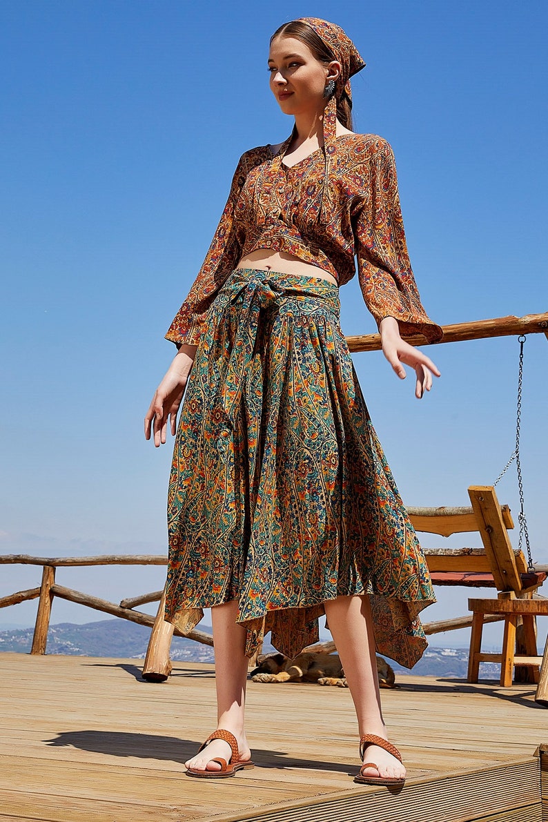 Boho Paisley High Low Midi Skirt