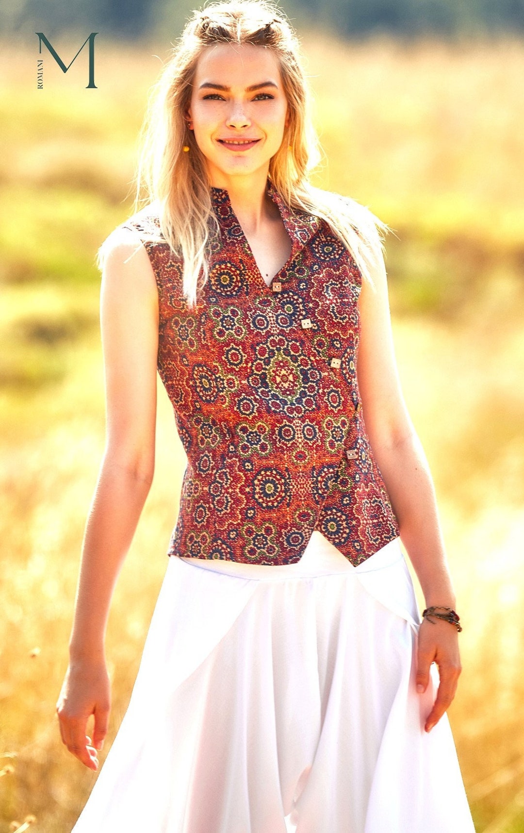 Sleeveless Summer Shirt Women, Ethnic Pattern, Cotton, Bohemian Blouse Women, Asymmetrical